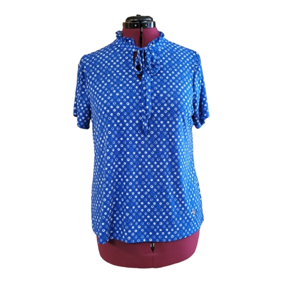 Blue, short sleeve, bow, tie neck, dots, polyester blend, xl, blouse - Picture 2 of 10
